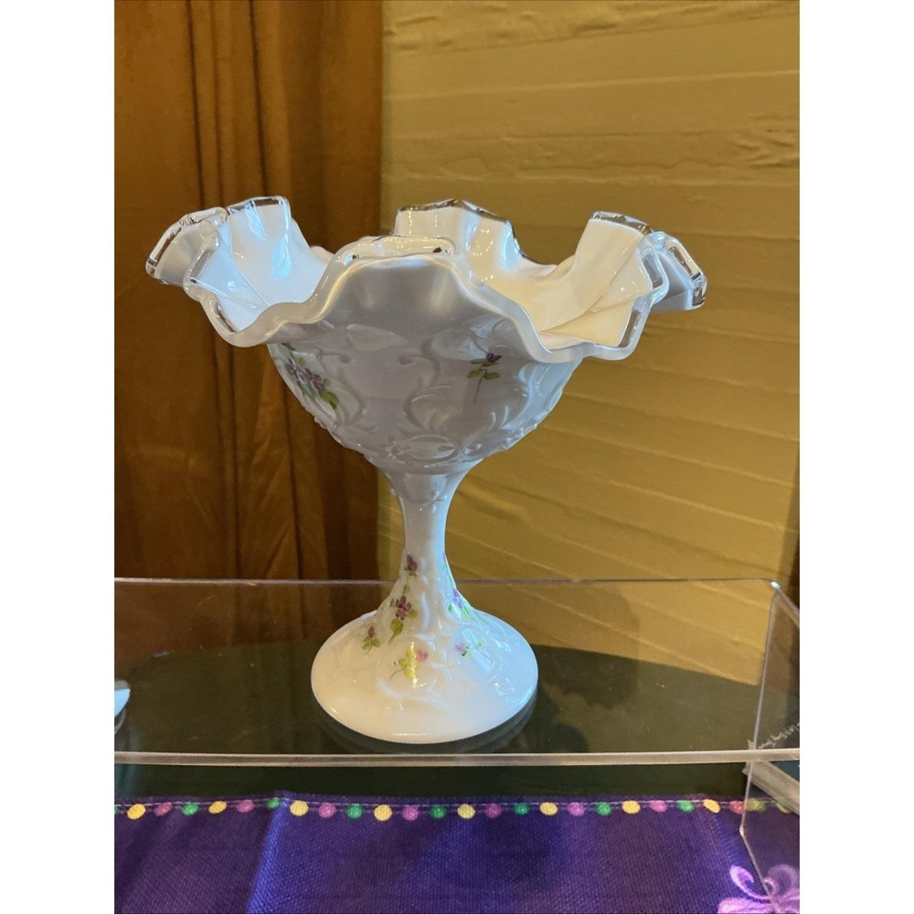 VTG 6" Fenton White Compote Silver Crest Hand Painted Violets Signed C Shaffer
